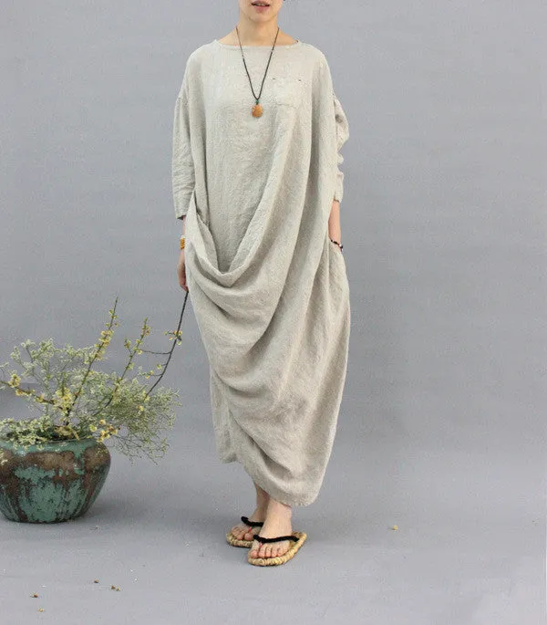 100% linen kaftan,extravagant long dress, holiday trip,women linen maxi dress, asymmetry robe dress