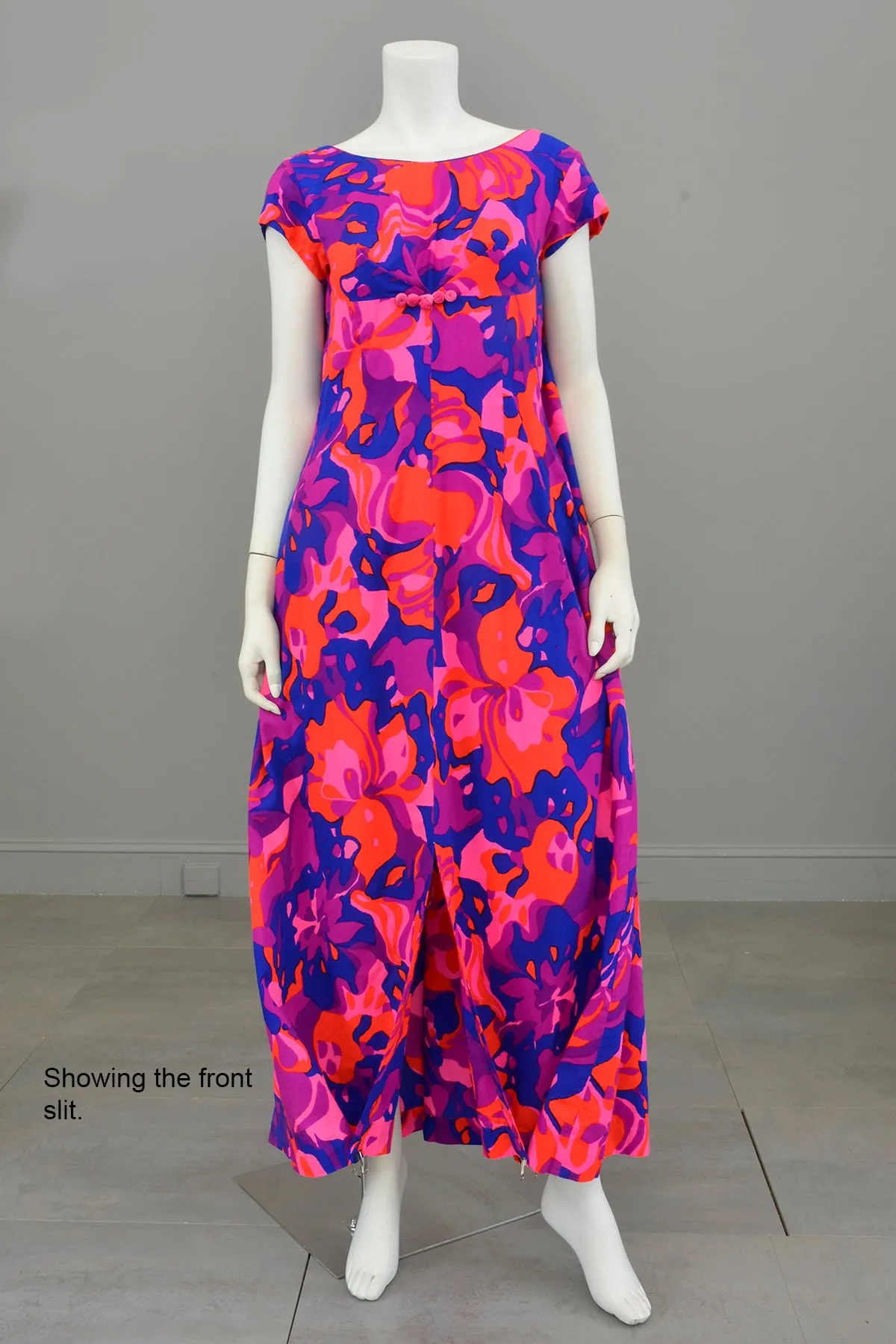 1960s 70s Bright Neon Pink Purple Babydoll Maxi Dress with Draped Back | Hawaiian Dress