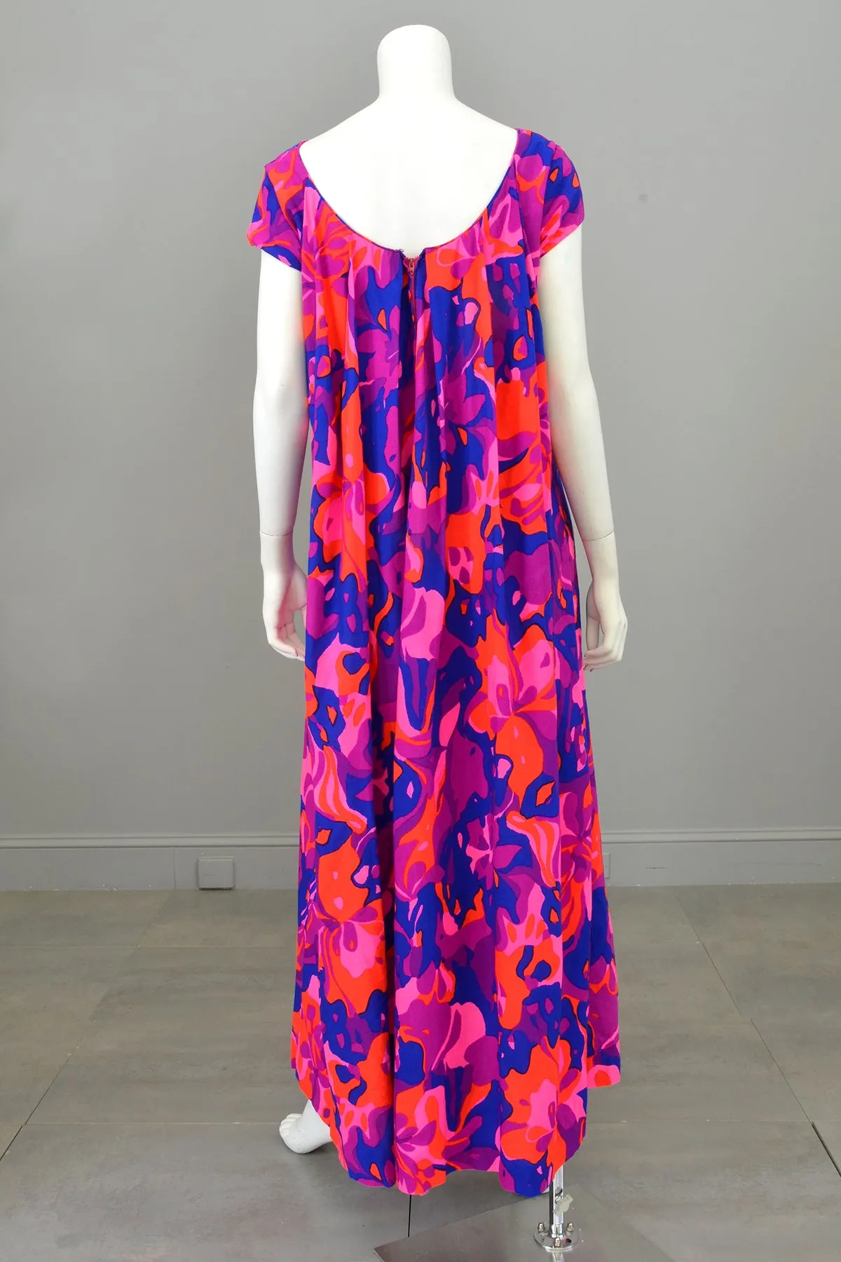 1960s 70s Bright Neon Pink Purple Babydoll Maxi Dress with Draped Back | Hawaiian Dress