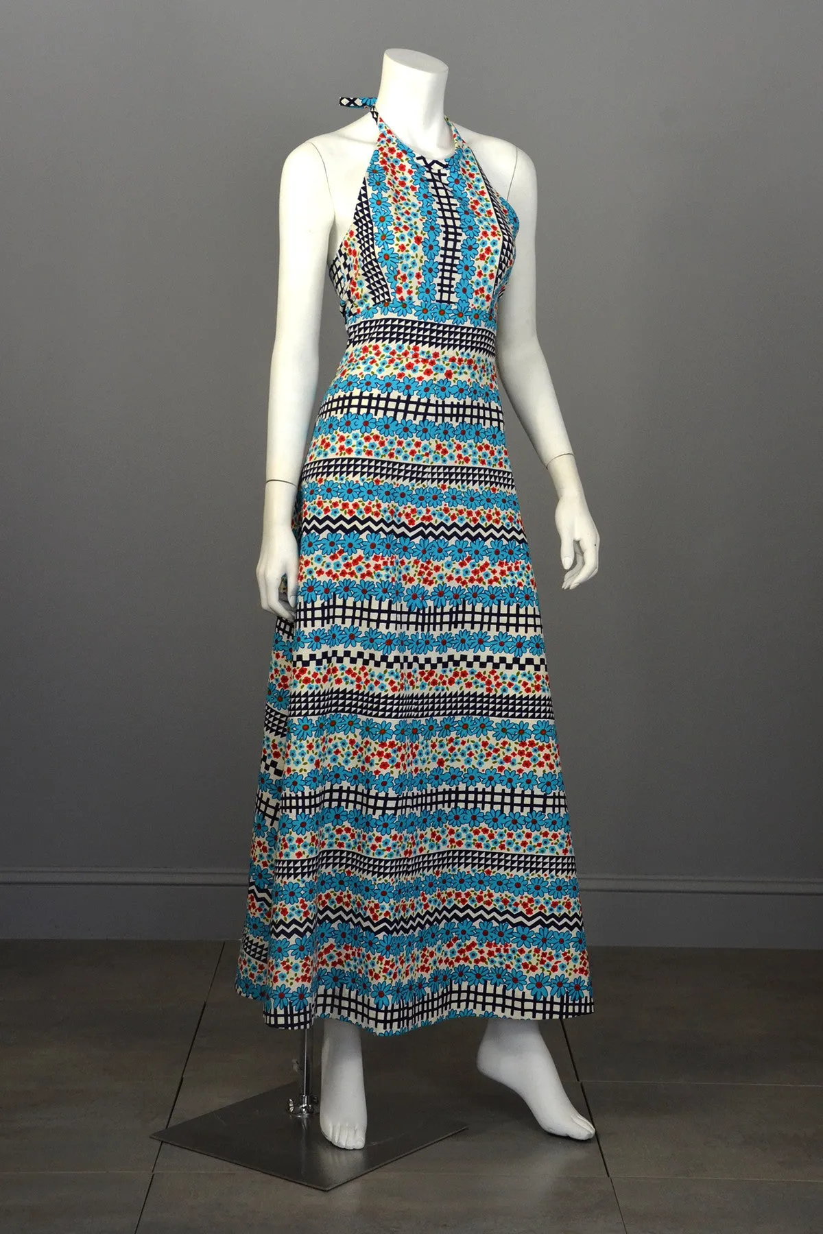 1960's Retro Print Hippie Maxi Halter Dress