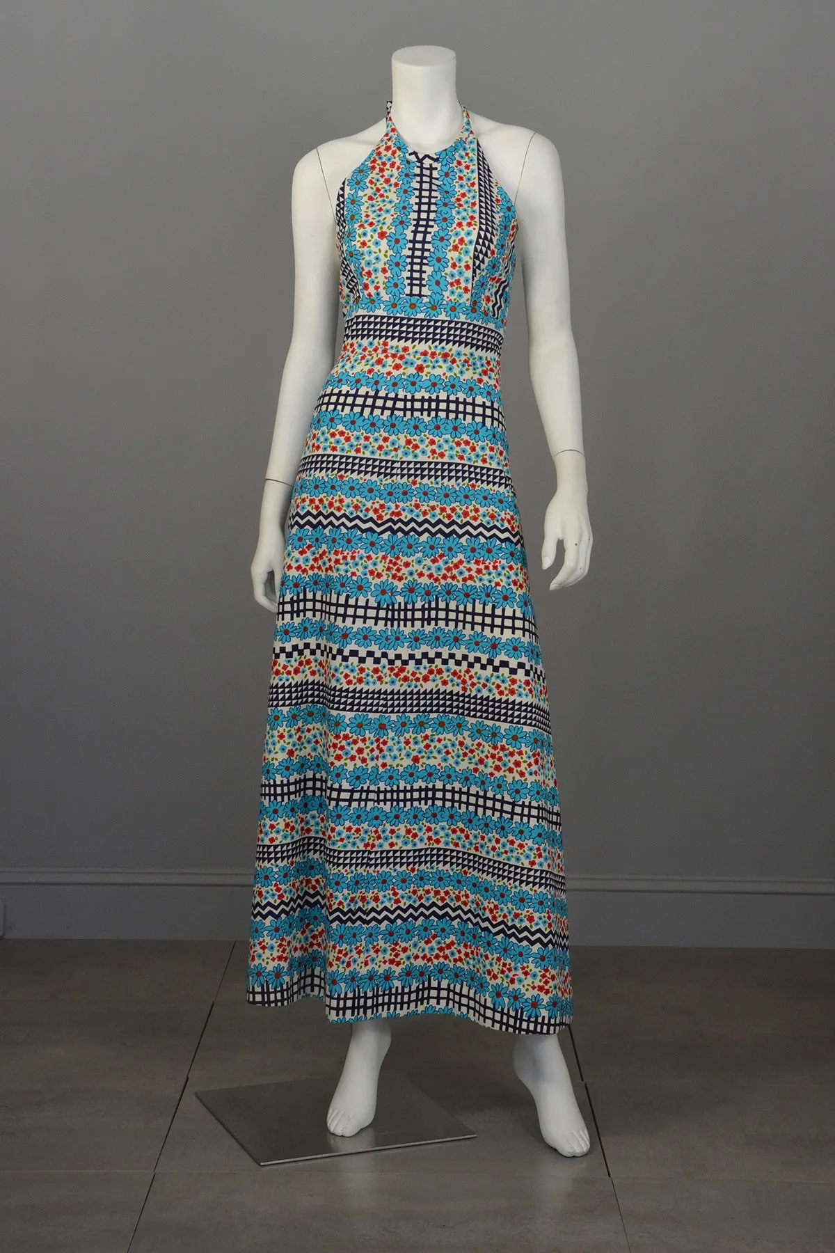 1960's Retro Print Hippie Maxi Halter Dress