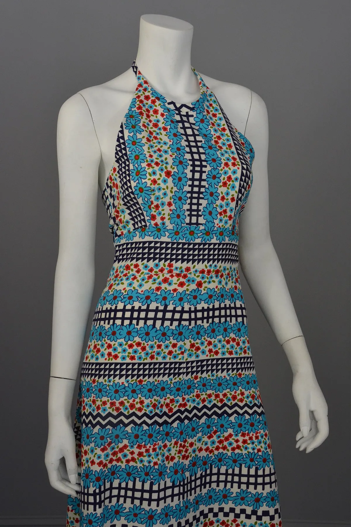 1960's Retro Print Hippie Maxi Halter Dress