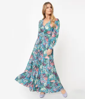 1970s Blue & Green Tropical Print Belted Maxi Dress