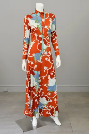 1970s Burnt Orange Blue Retro Abstract Op Art Print Maxi Dress