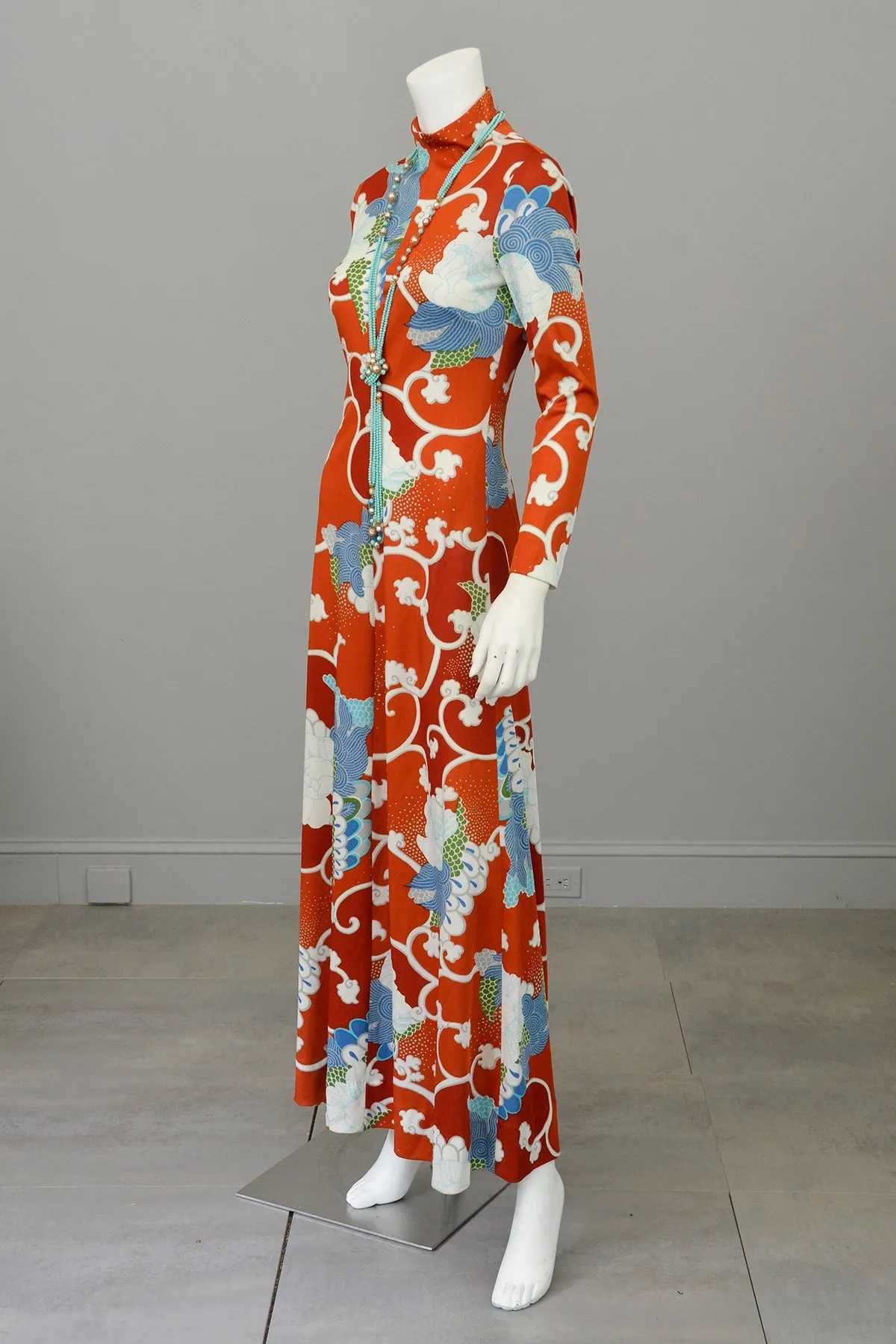 1970s Burnt Orange Blue Retro Abstract Op Art Print Maxi Dress