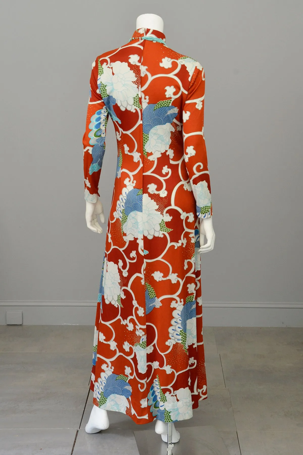 1970s Burnt Orange Blue Retro Abstract Op Art Print Maxi Dress