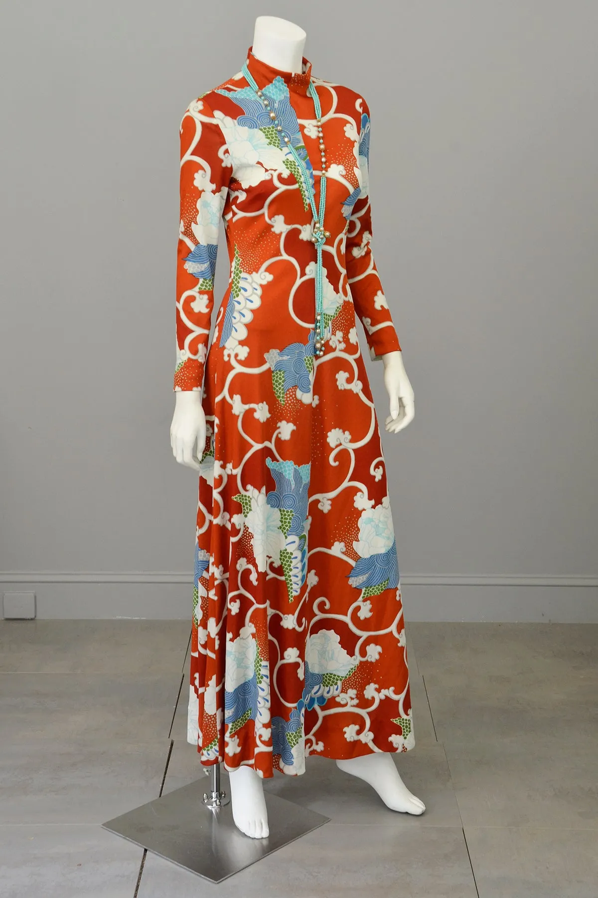 1970s Burnt Orange Blue Retro Abstract Op Art Print Maxi Dress