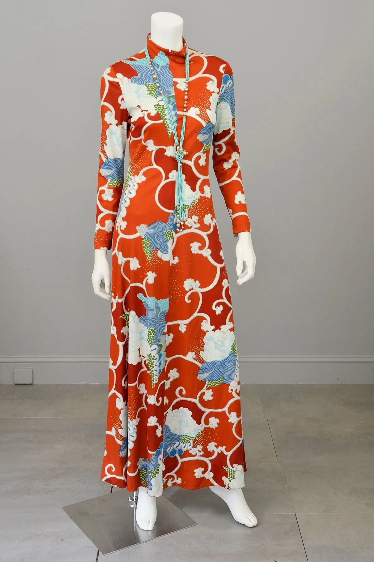 1970s Burnt Orange Blue Retro Abstract Op Art Print Maxi Dress