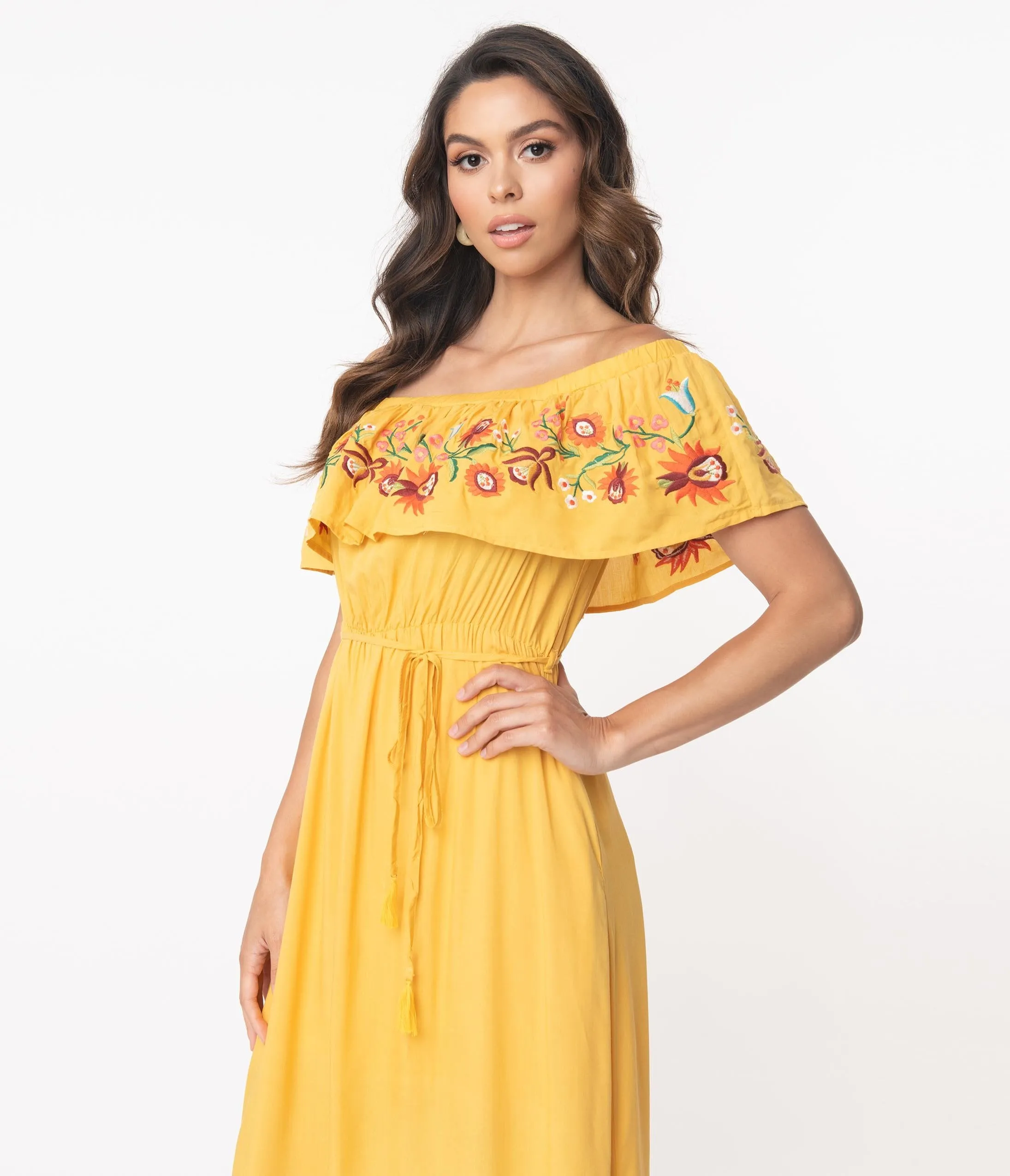 1970s Honey Mustard Off Shoulder Maxi Dress