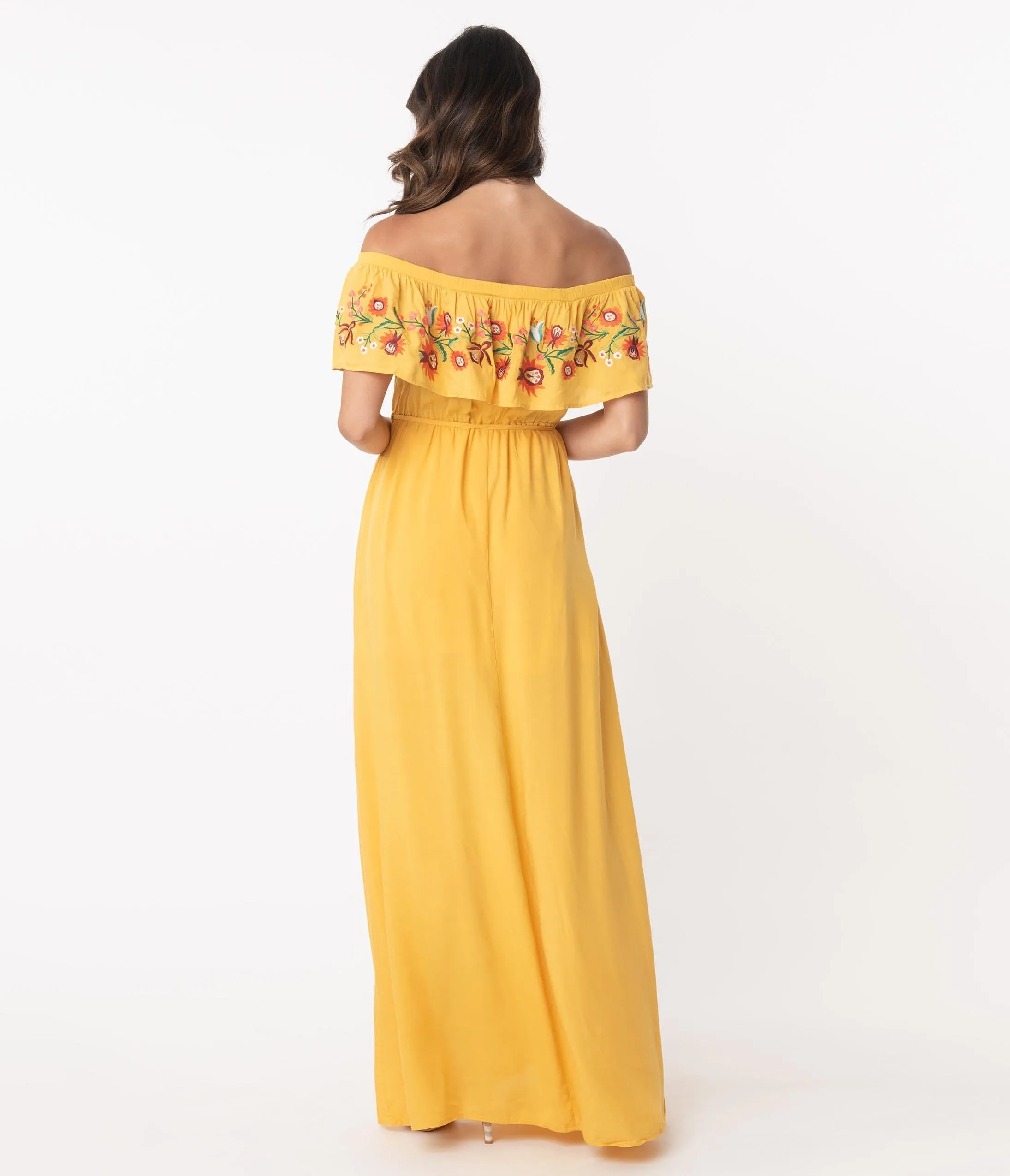 1970s Honey Mustard Off Shoulder Maxi Dress