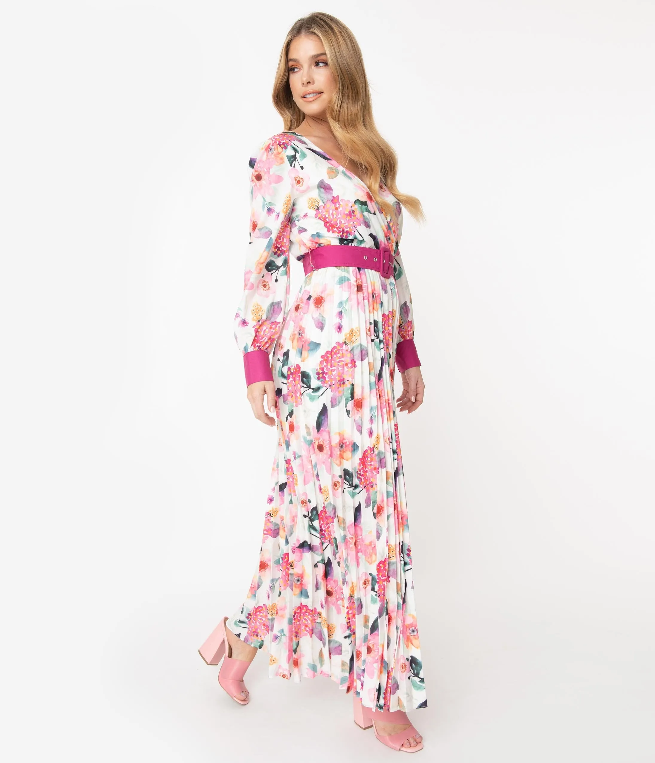 1970s Ivory & Pink Watercolor Floral Print Belted Maxi Dress