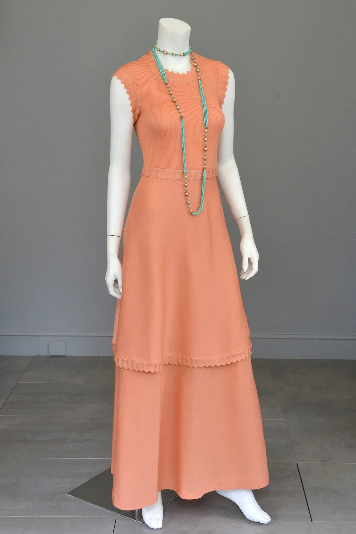 1970s Light Coral Italian Knit Dress with Long Peplum Skirt