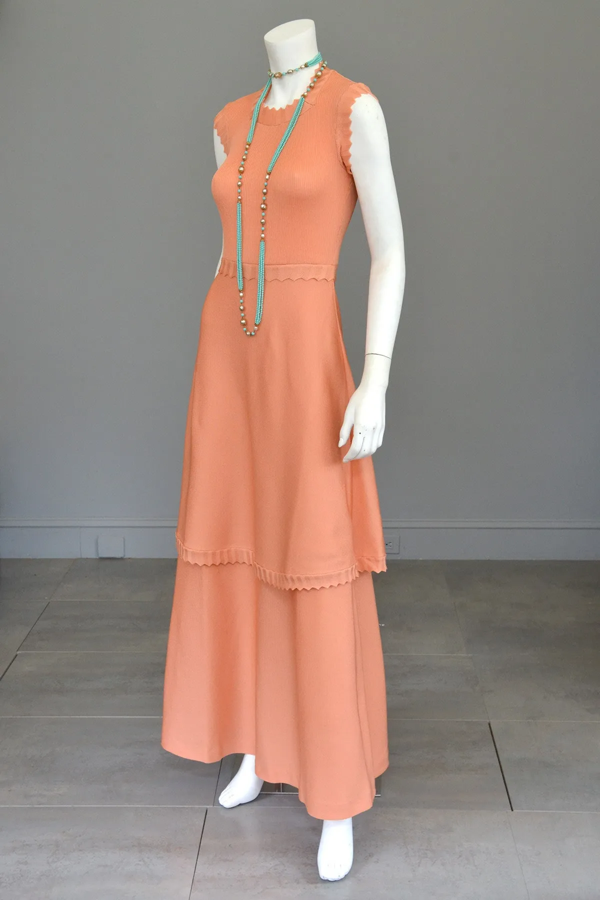 1970s Light Coral Italian Knit Dress with Long Peplum Skirt