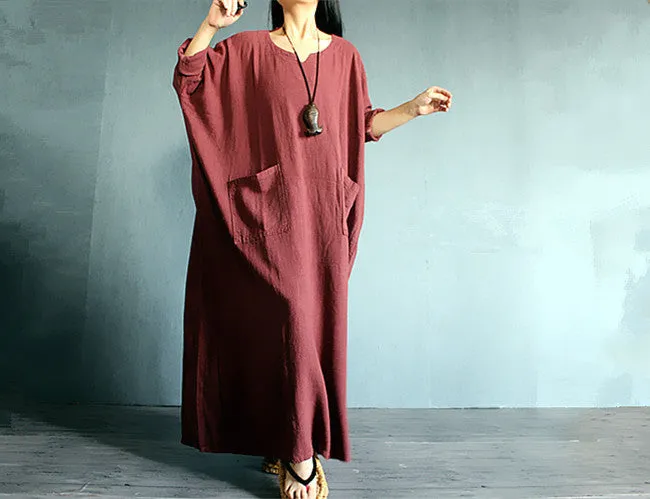 4 Colors-100% Linen Caftans/Big Pocket Loose Maxi Dress-Plus Size Clothing- Retro Robe, Gown Dress for Woman-Long Tunic-Kaki-Bust>160cm