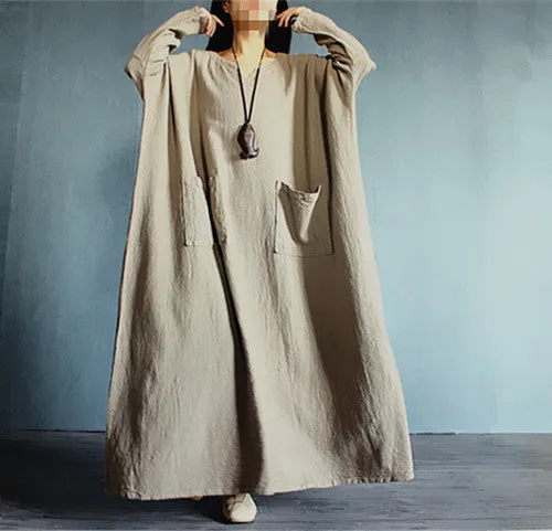 4 Colors-100% Linen Caftans/Big Pocket Loose Maxi Dress-Plus Size Clothing- Retro Robe, Gown Dress for Woman-Long Tunic-Kaki-Bust>160cm