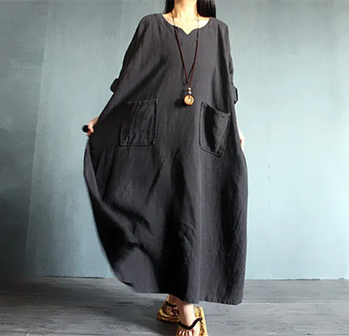 4 Colors-100% Linen Caftans/Big Pocket Loose Maxi Dress-Plus Size Clothing- Retro Robe, Gown Dress for Woman-Long Tunic-Kaki-Bust>160cm