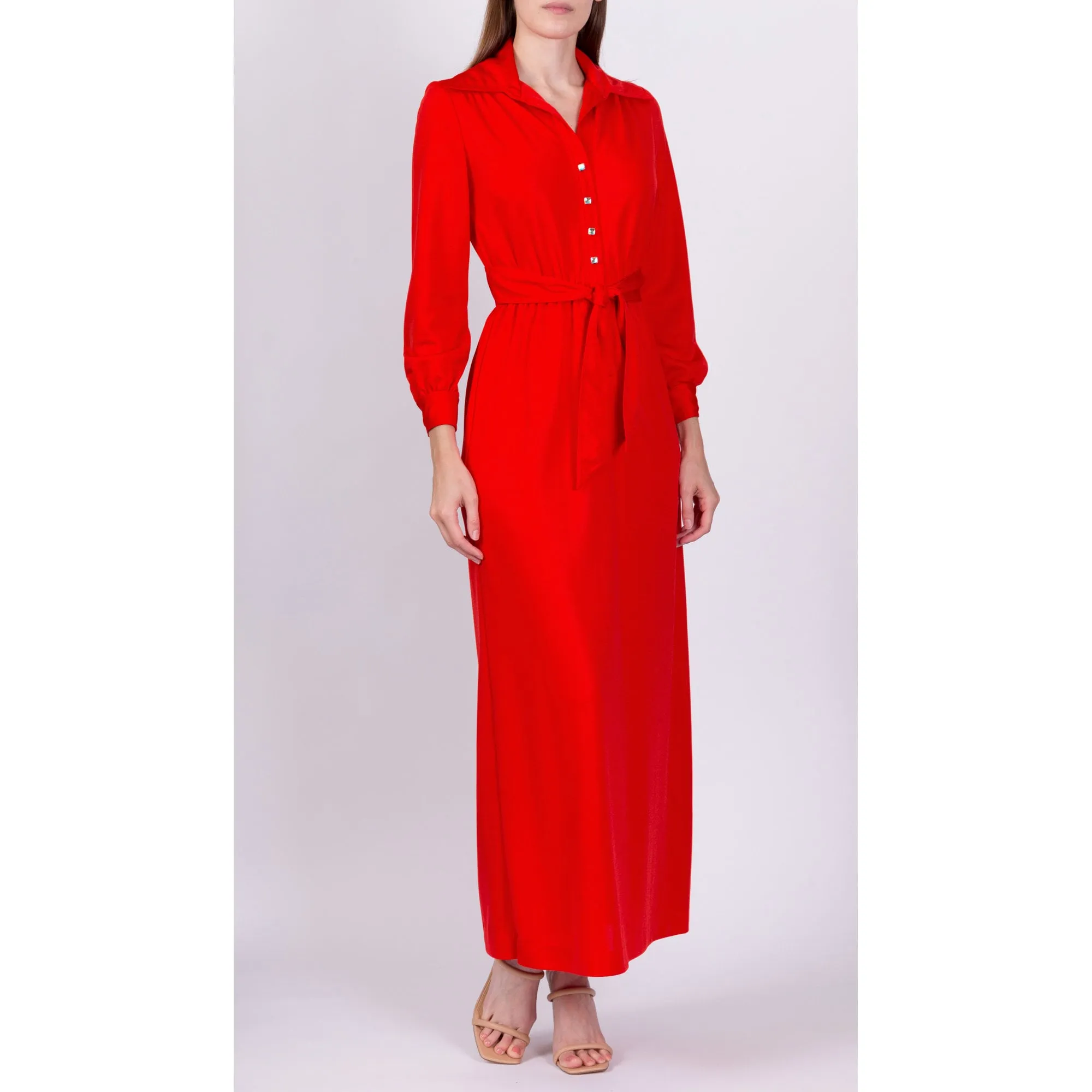 60s 70s Leslie Fay Red Maxi Hostess Dress - XS to Small