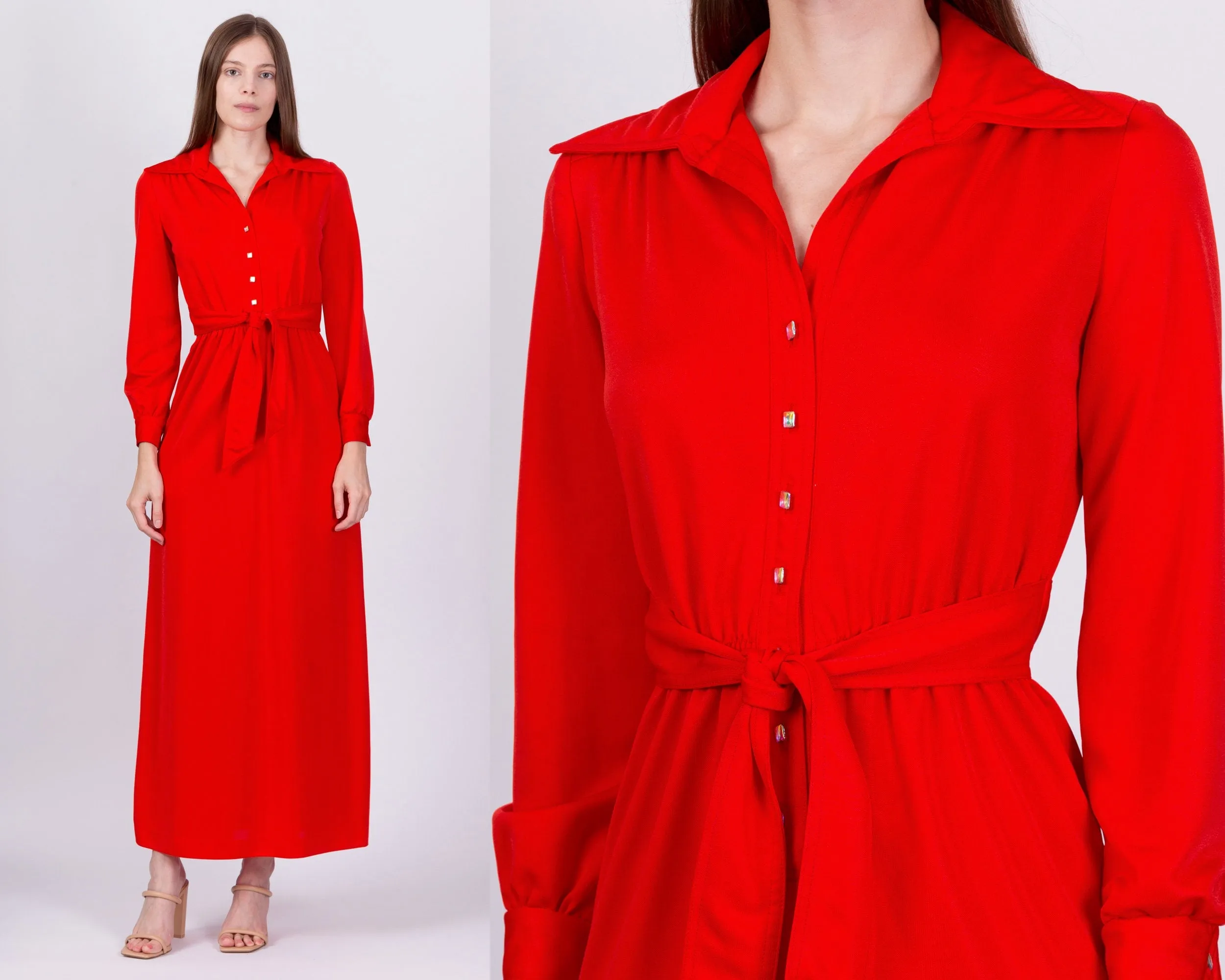 60s 70s Leslie Fay Red Maxi Hostess Dress - XS to Small