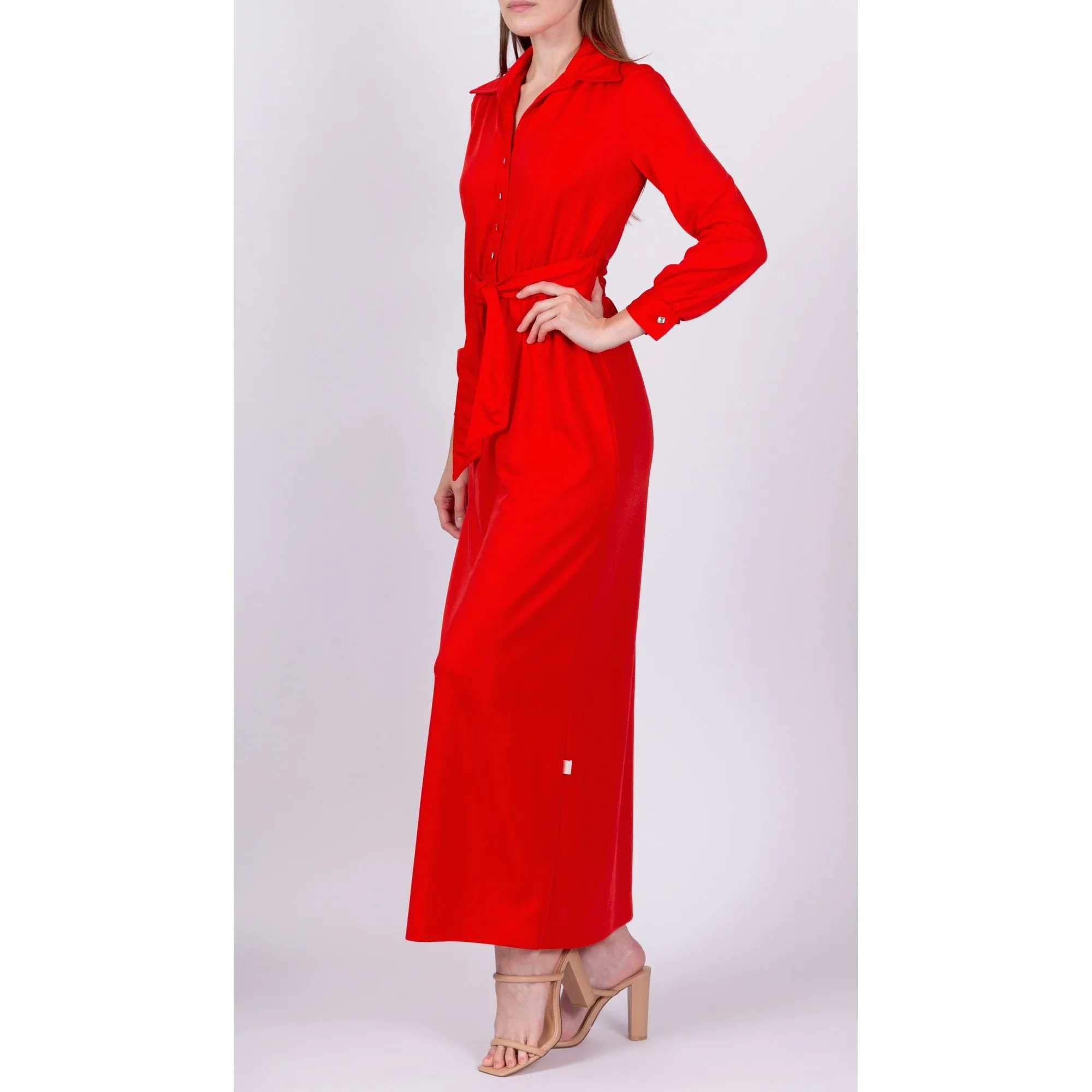 60s 70s Leslie Fay Red Maxi Hostess Dress - XS to Small