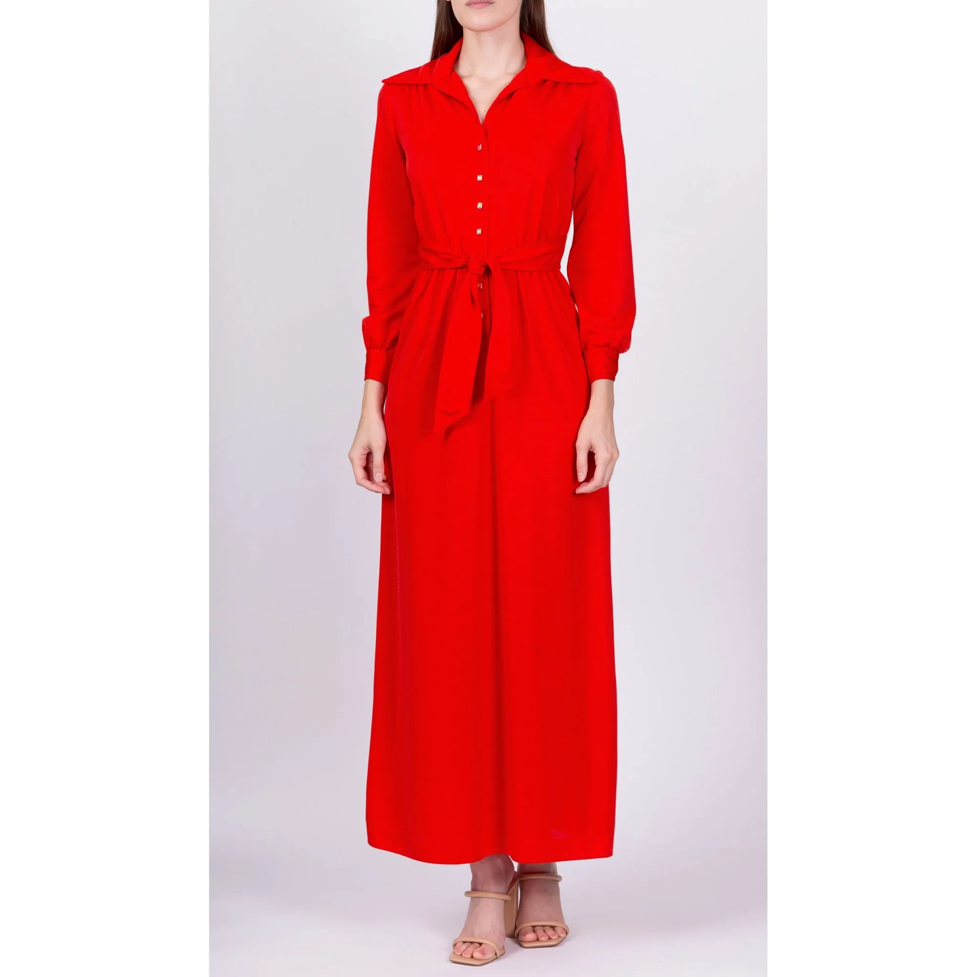 60s 70s Leslie Fay Red Maxi Hostess Dress - XS to Small