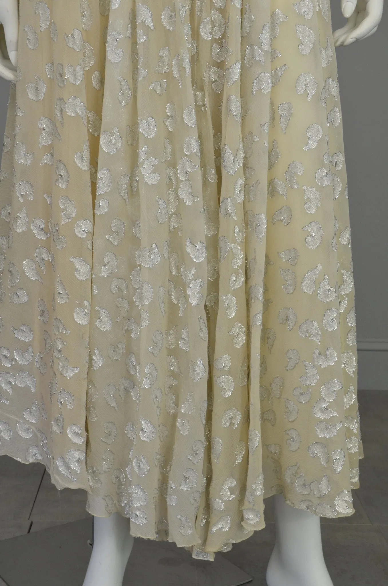 60s 70s Silver Metallic Lame on Cream Chiffon Maxi Dress Gown Adele Simpson