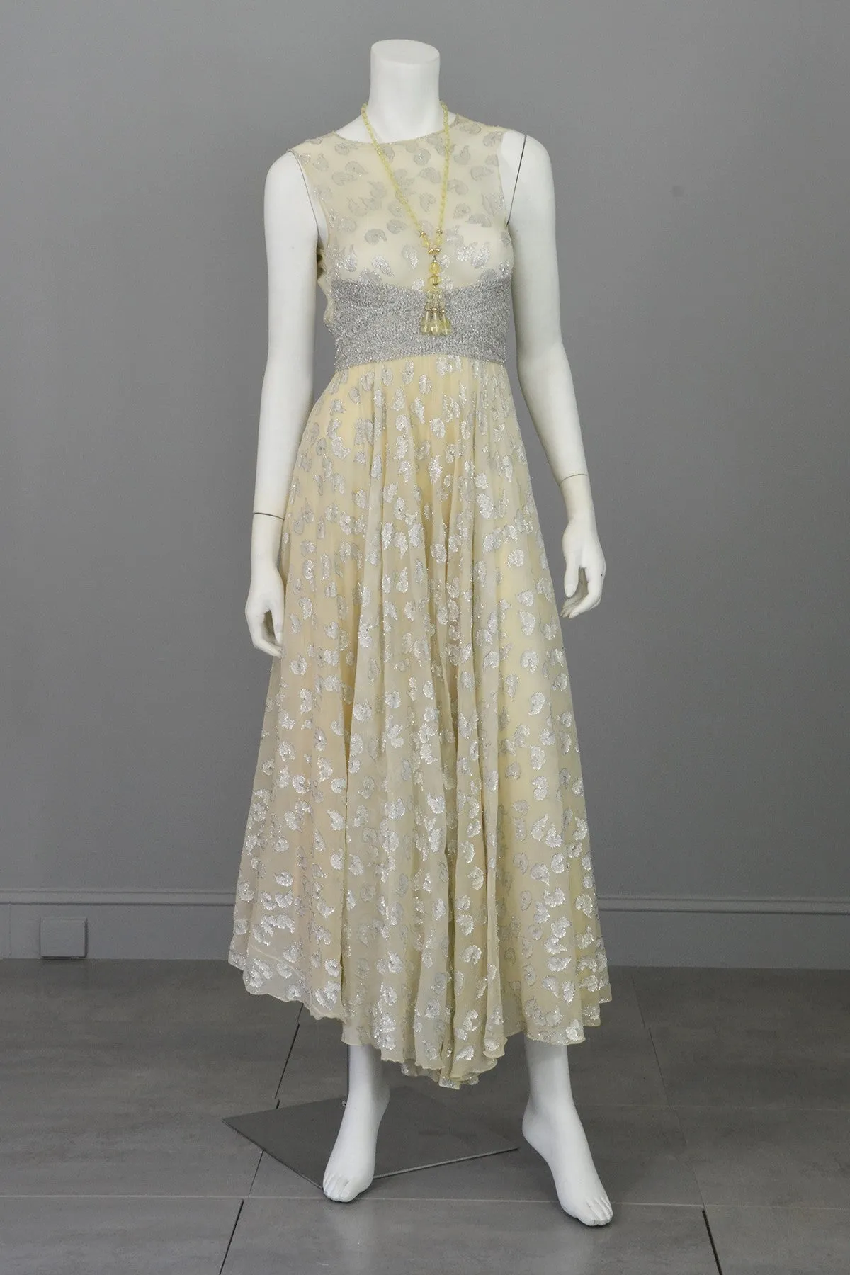 60s 70s Silver Metallic Lame on Cream Chiffon Maxi Dress Gown Adele Simpson