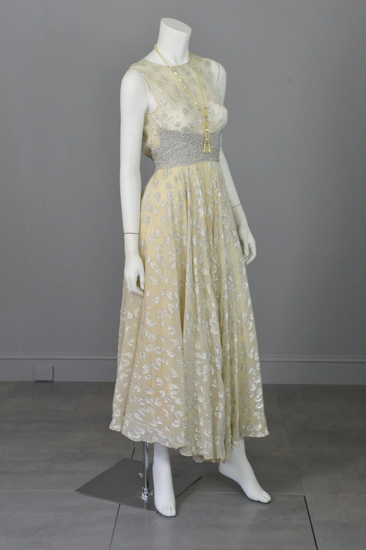 60s 70s Silver Metallic Lame on Cream Chiffon Maxi Dress Gown Adele Simpson