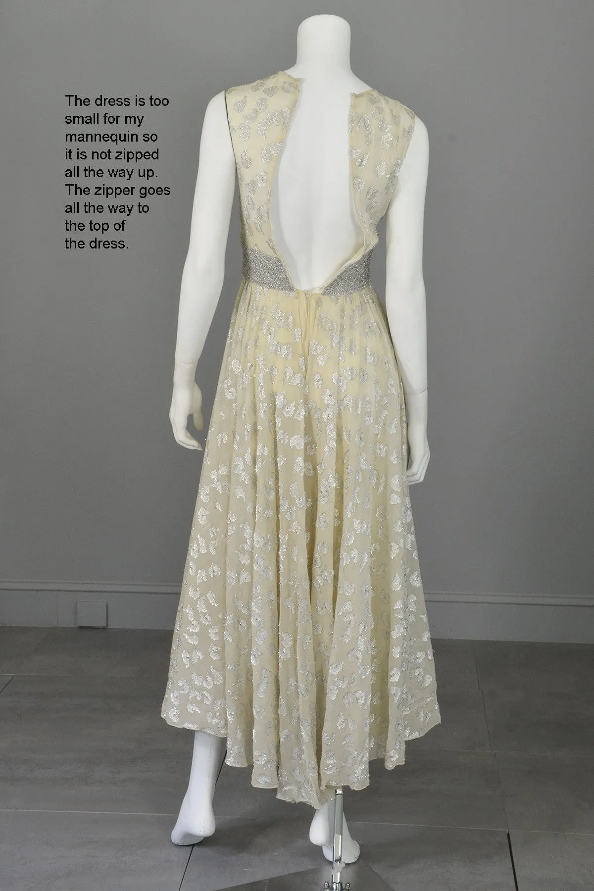 60s 70s Silver Metallic Lame on Cream Chiffon Maxi Dress Gown Adele Simpson