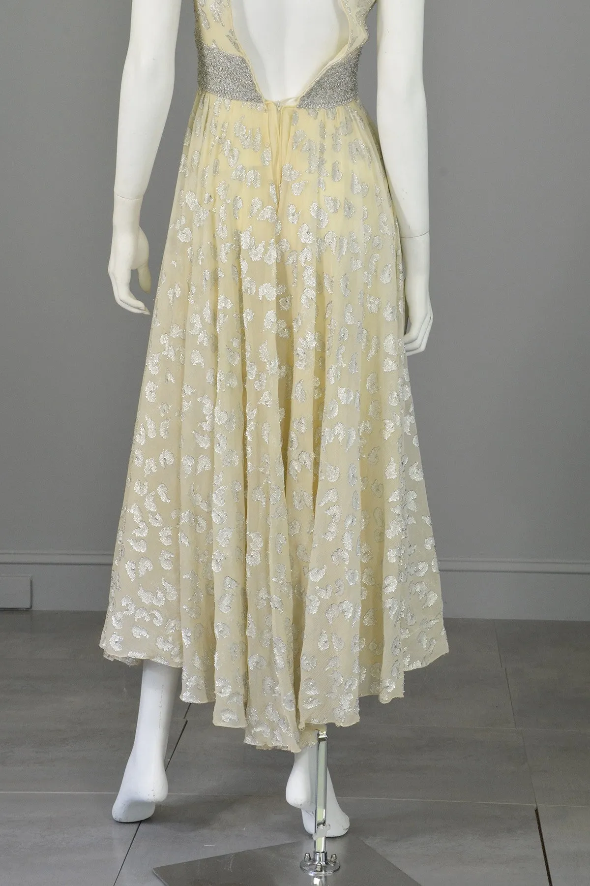 60s 70s Silver Metallic Lame on Cream Chiffon Maxi Dress Gown Adele Simpson