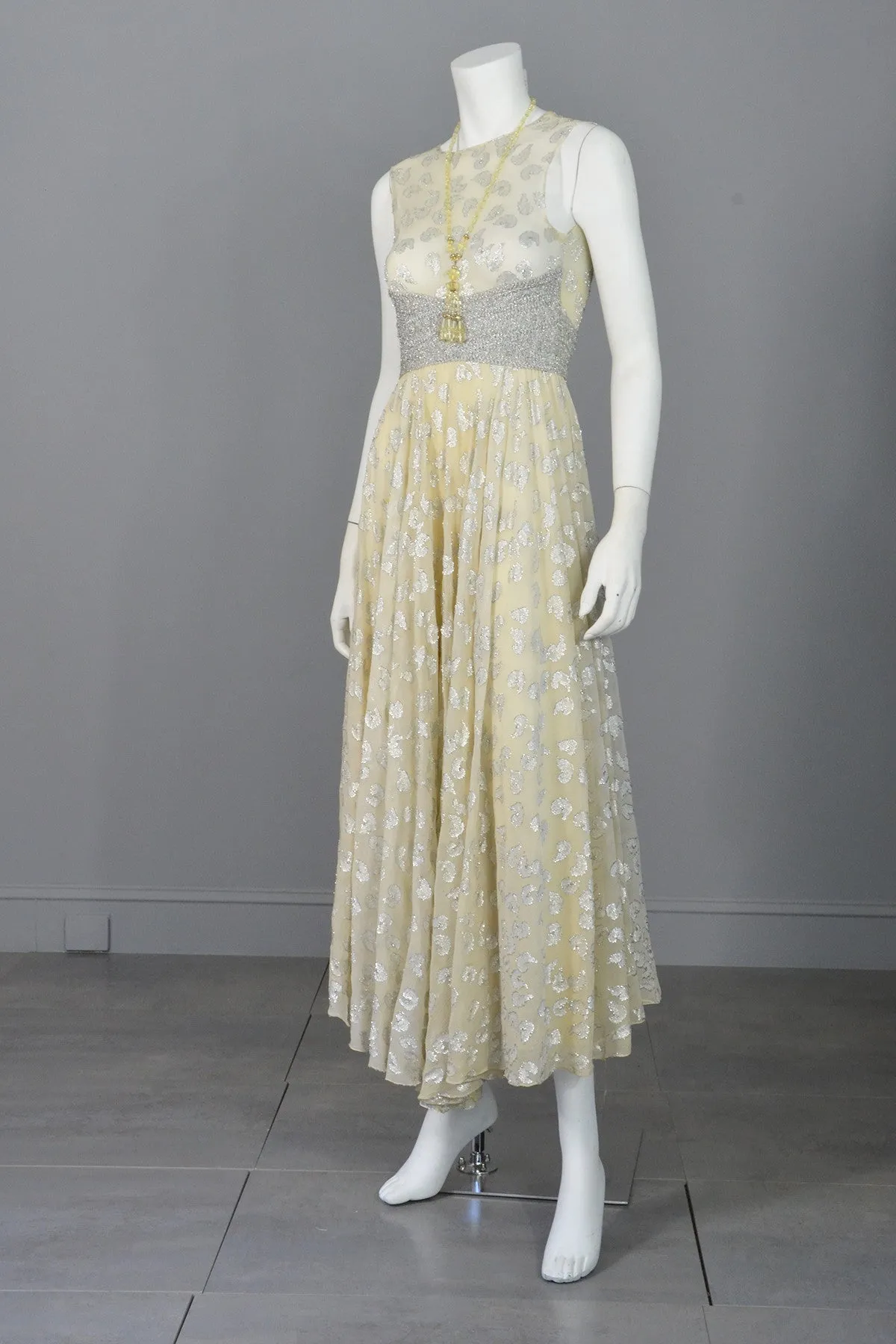 60s 70s Silver Metallic Lame on Cream Chiffon Maxi Dress Gown Adele Simpson