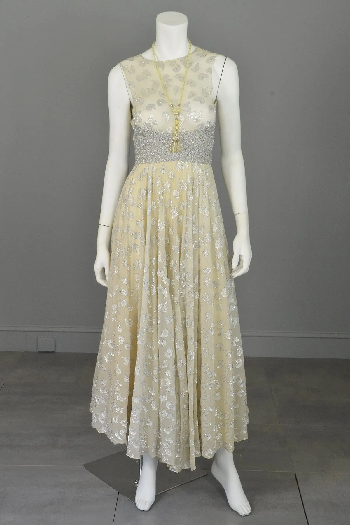 60s 70s Silver Metallic Lame on Cream Chiffon Maxi Dress Gown Adele Simpson