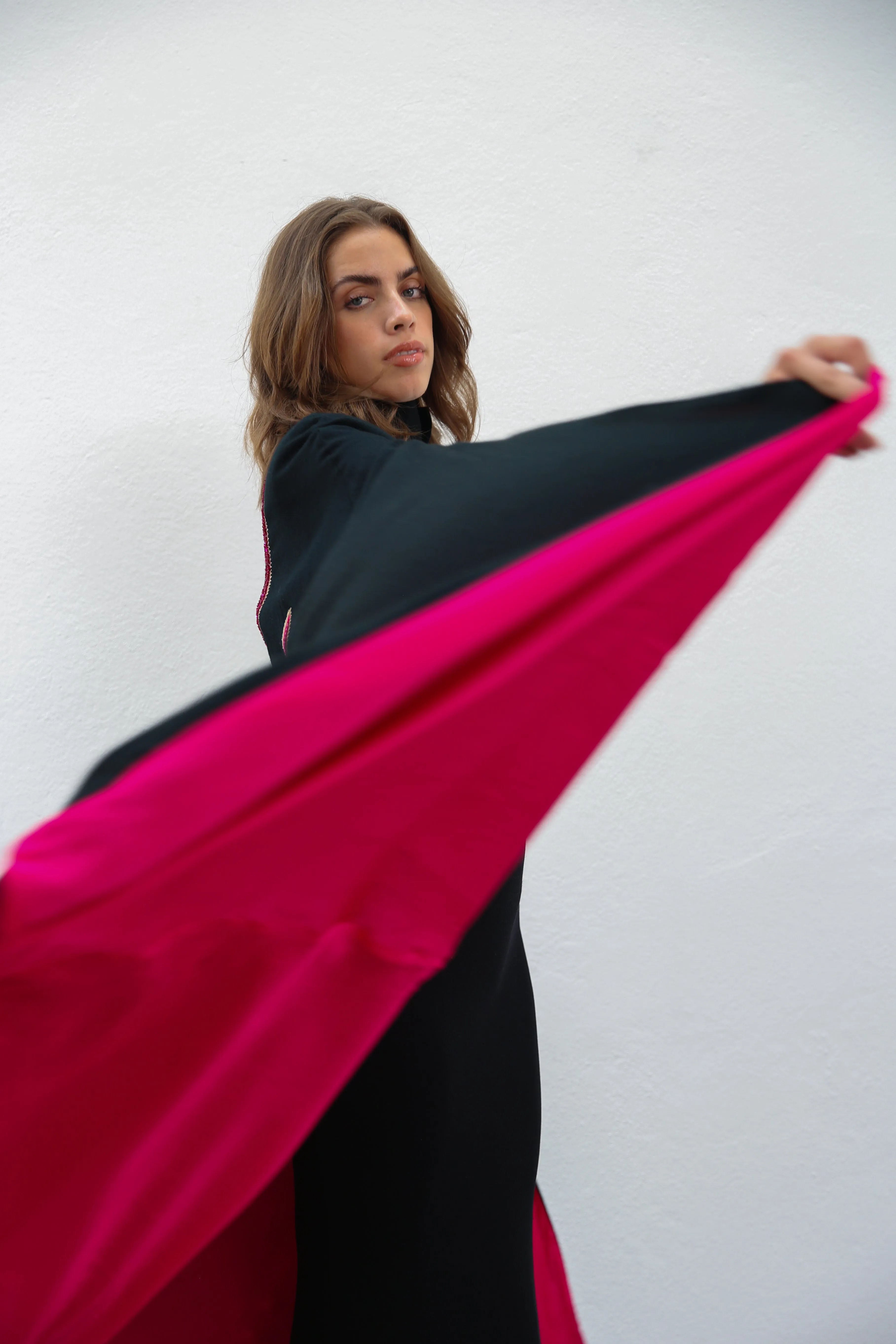 Alara Hand Embroidered Silk Cape Black And Pink