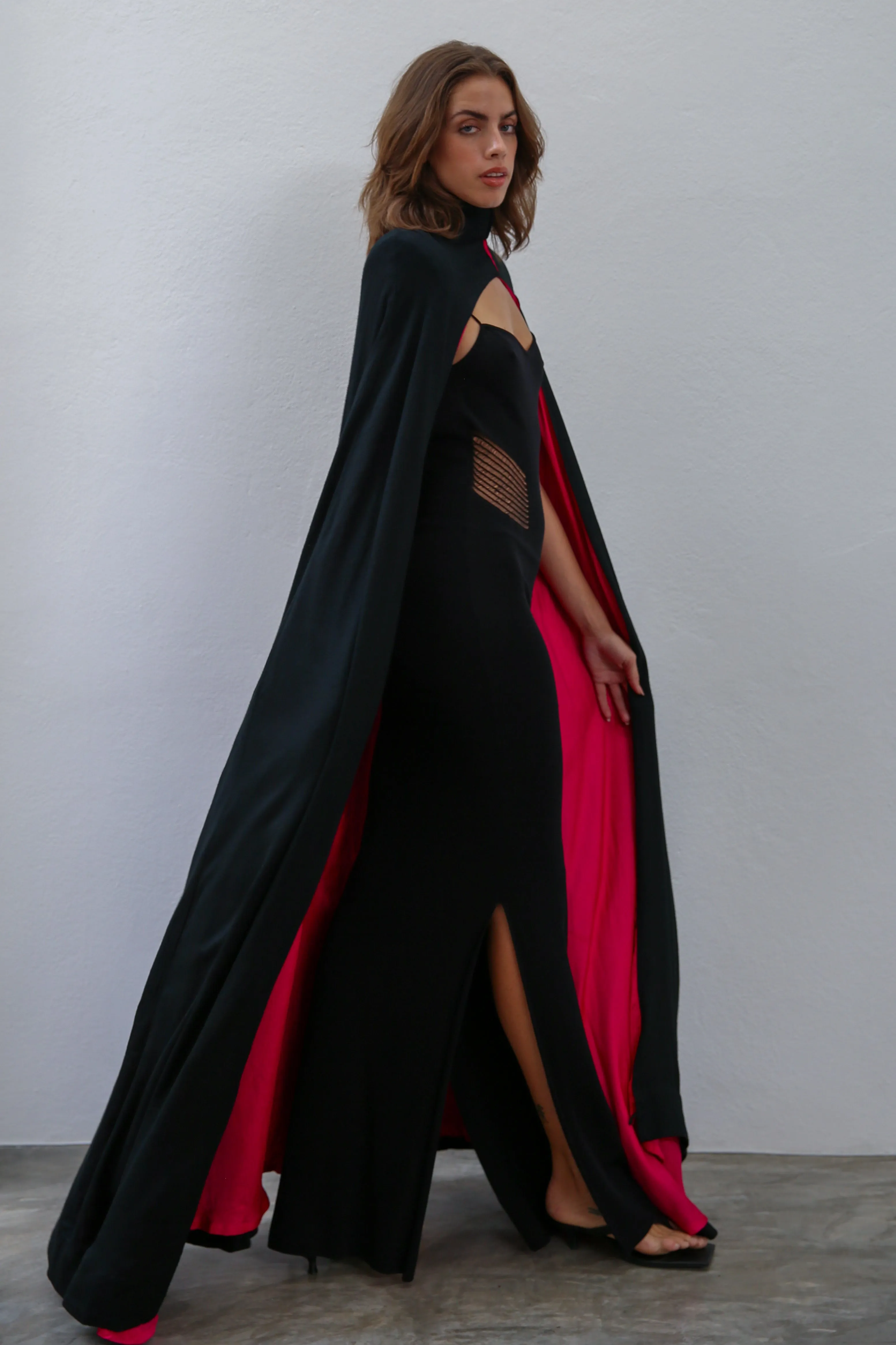 Alara Hand Embroidered Silk Cape Black And Pink