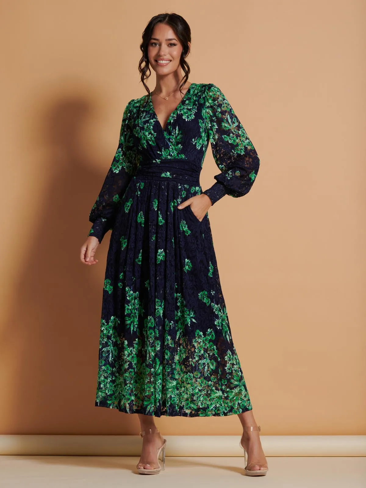 Amica Symmetrical Print Lace Maxi Dress, Green Floral