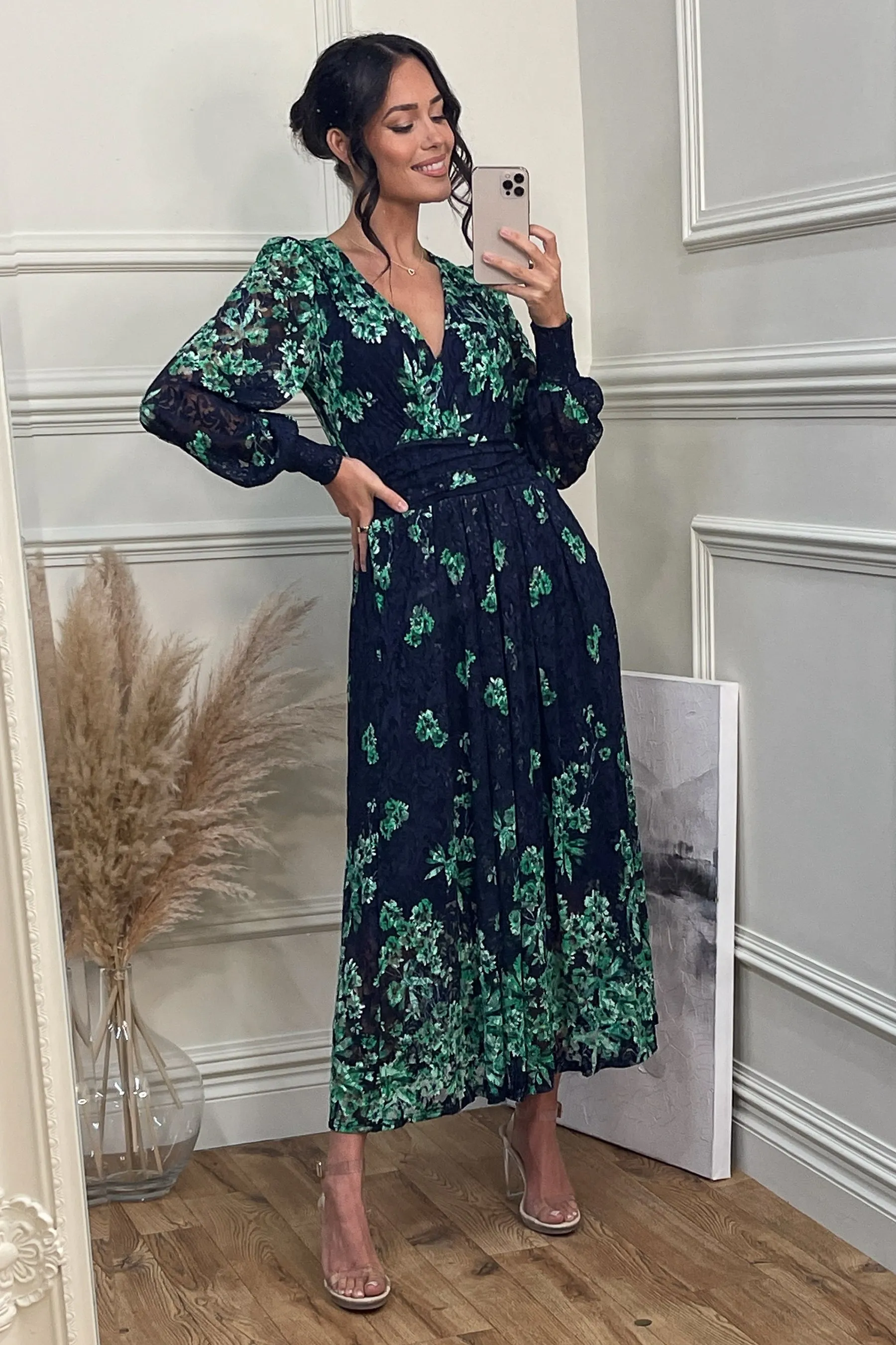 Amica Symmetrical Print Lace Maxi Dress, Green Floral