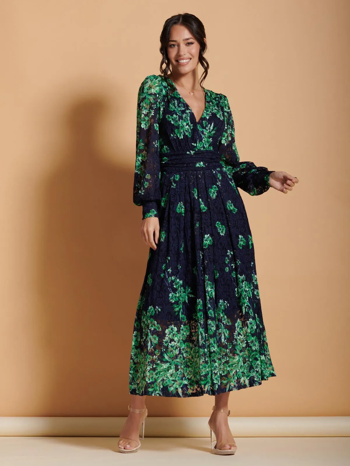 Amica Symmetrical Print Lace Maxi Dress, Green Floral