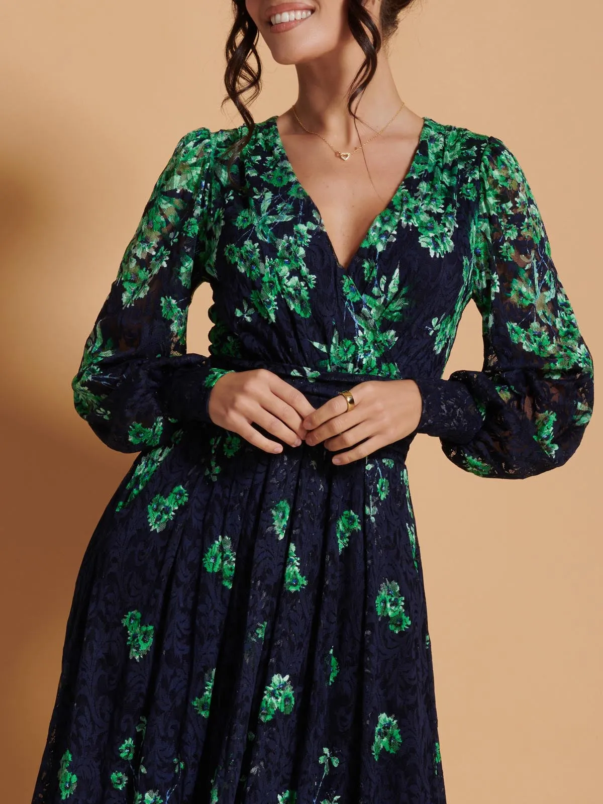 Amica Symmetrical Print Lace Maxi Dress, Green Floral