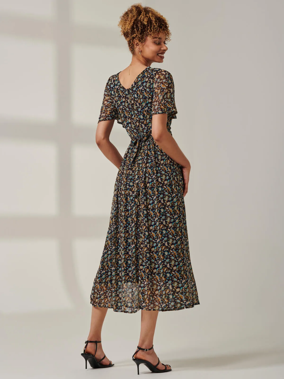 Angel Sleeve Chiffon Maxi Dress, Navy Floral