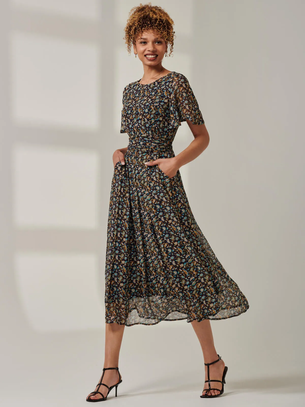 Angel Sleeve Chiffon Maxi Dress, Navy Floral