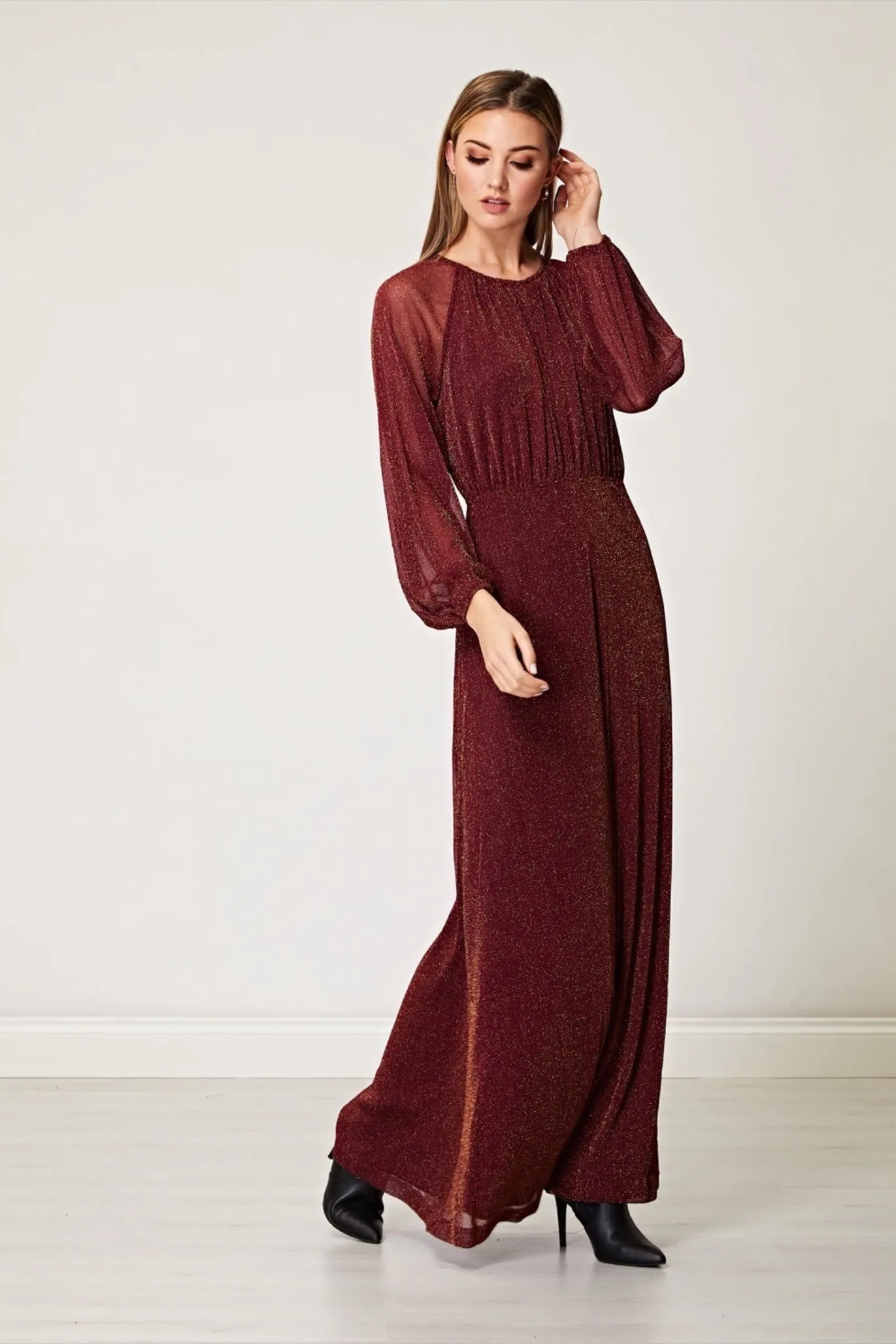 Angeleye Sparkly Lurex Flickering Chiffon Long Sleeve Maxi