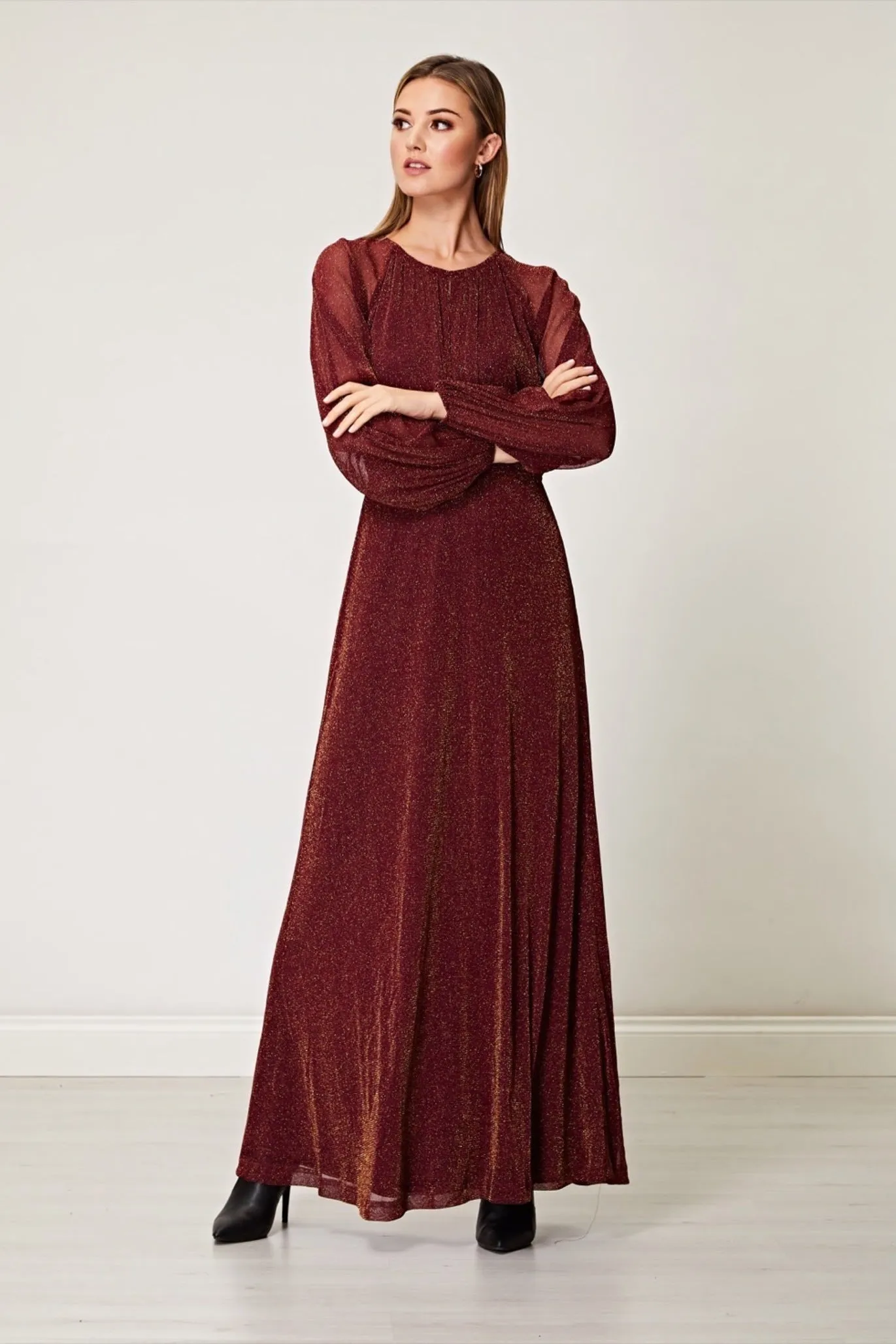 Angeleye Sparkly Lurex Flickering Chiffon Long Sleeve Maxi