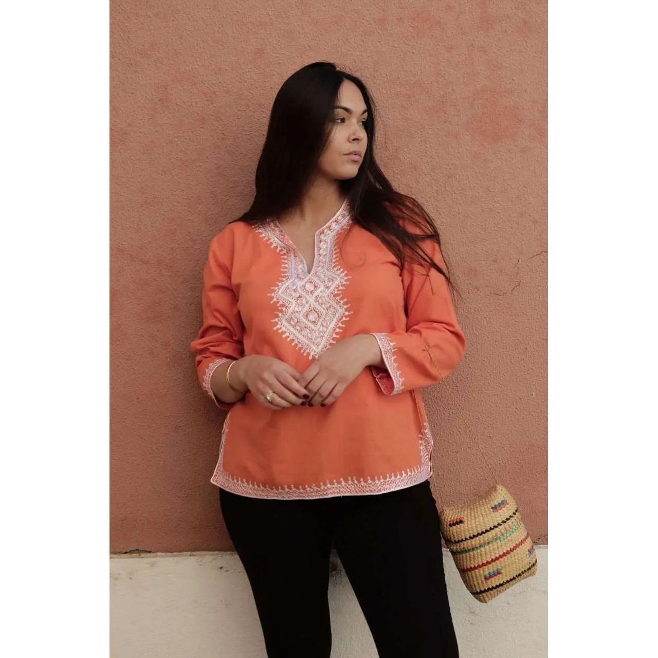 Asmahan Style Orange Embroidery Tunic