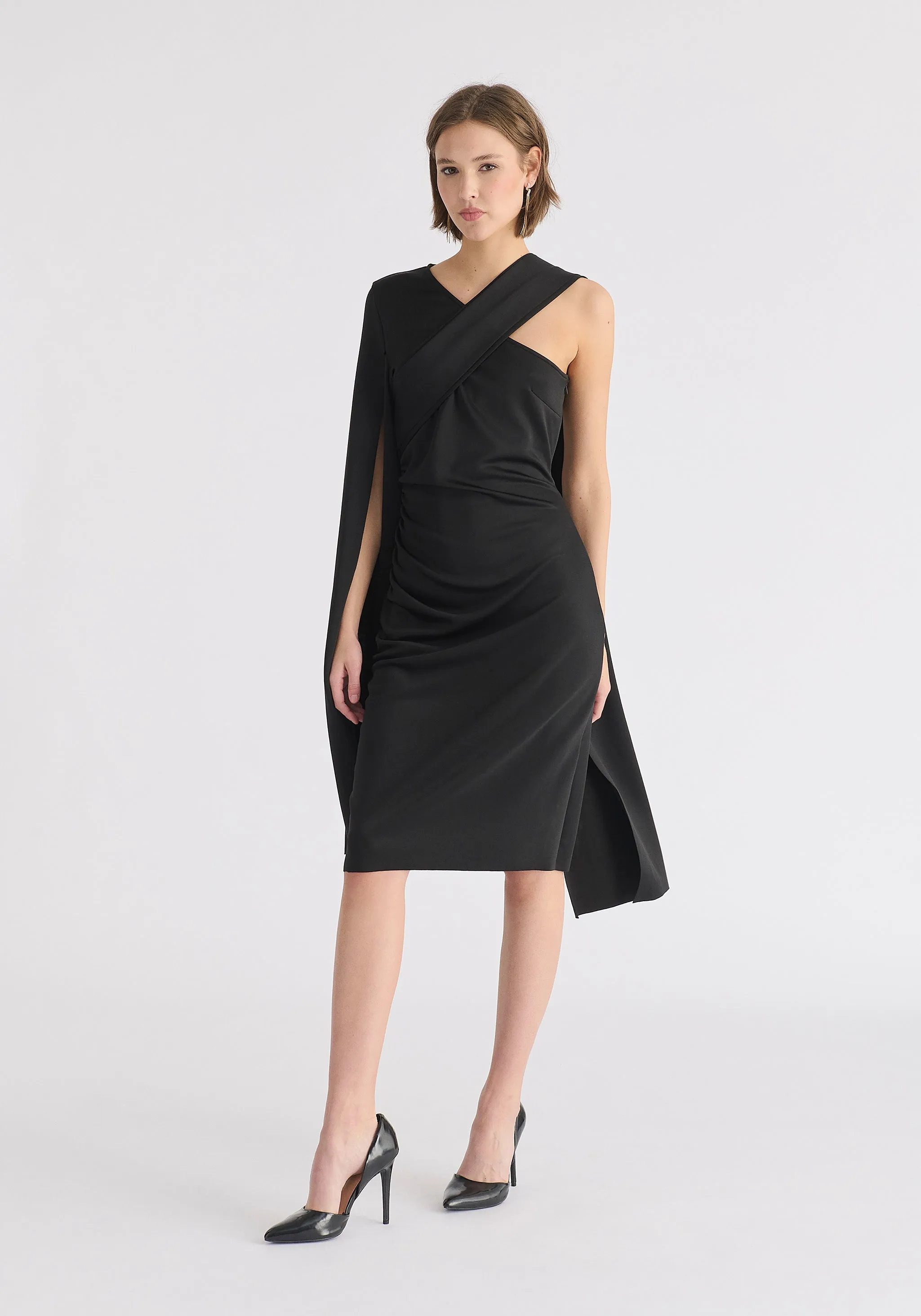 Asymmetric Draped Cape Sleeve Dress