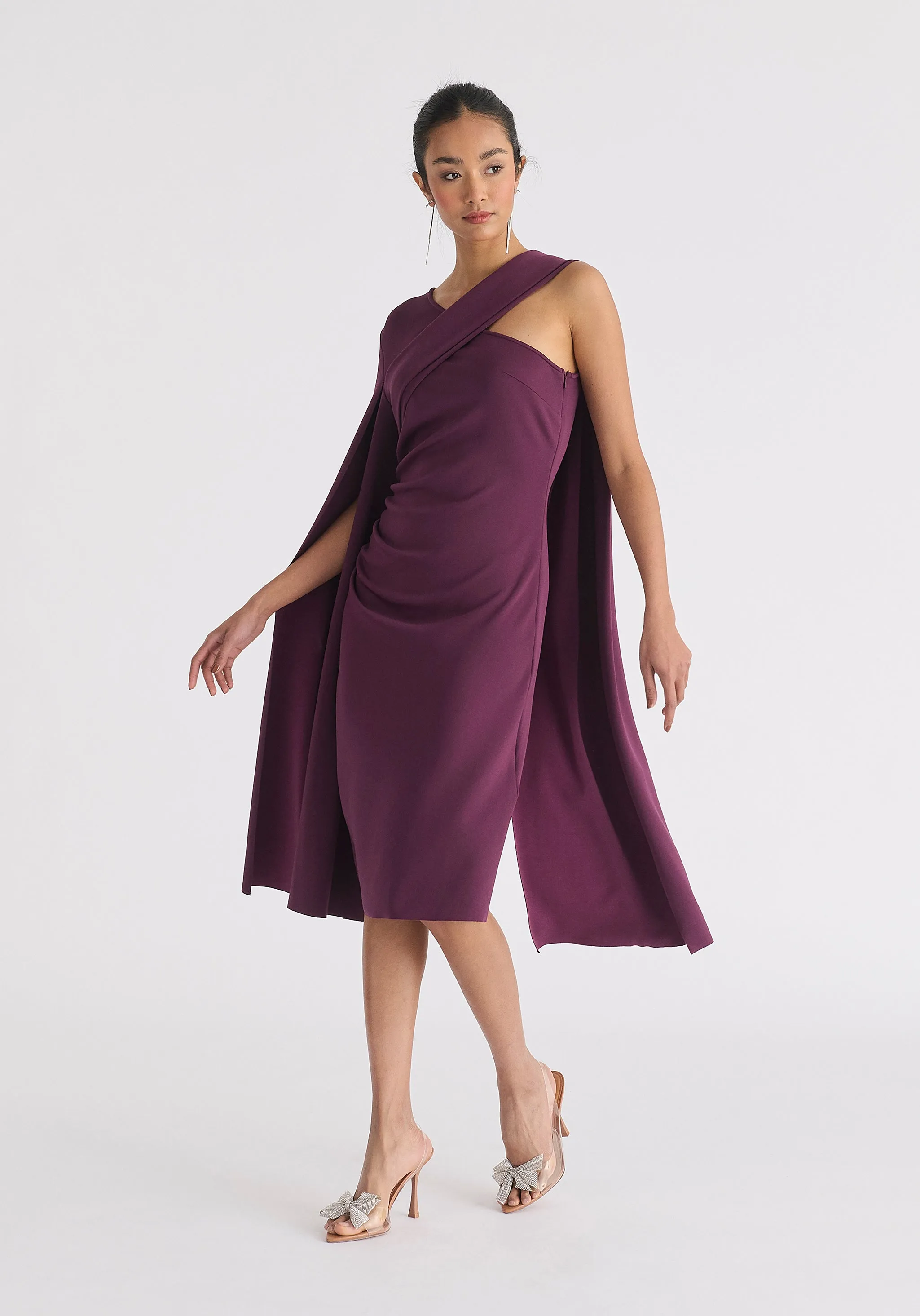 Asymmetric Draped Cape Sleeve Dress