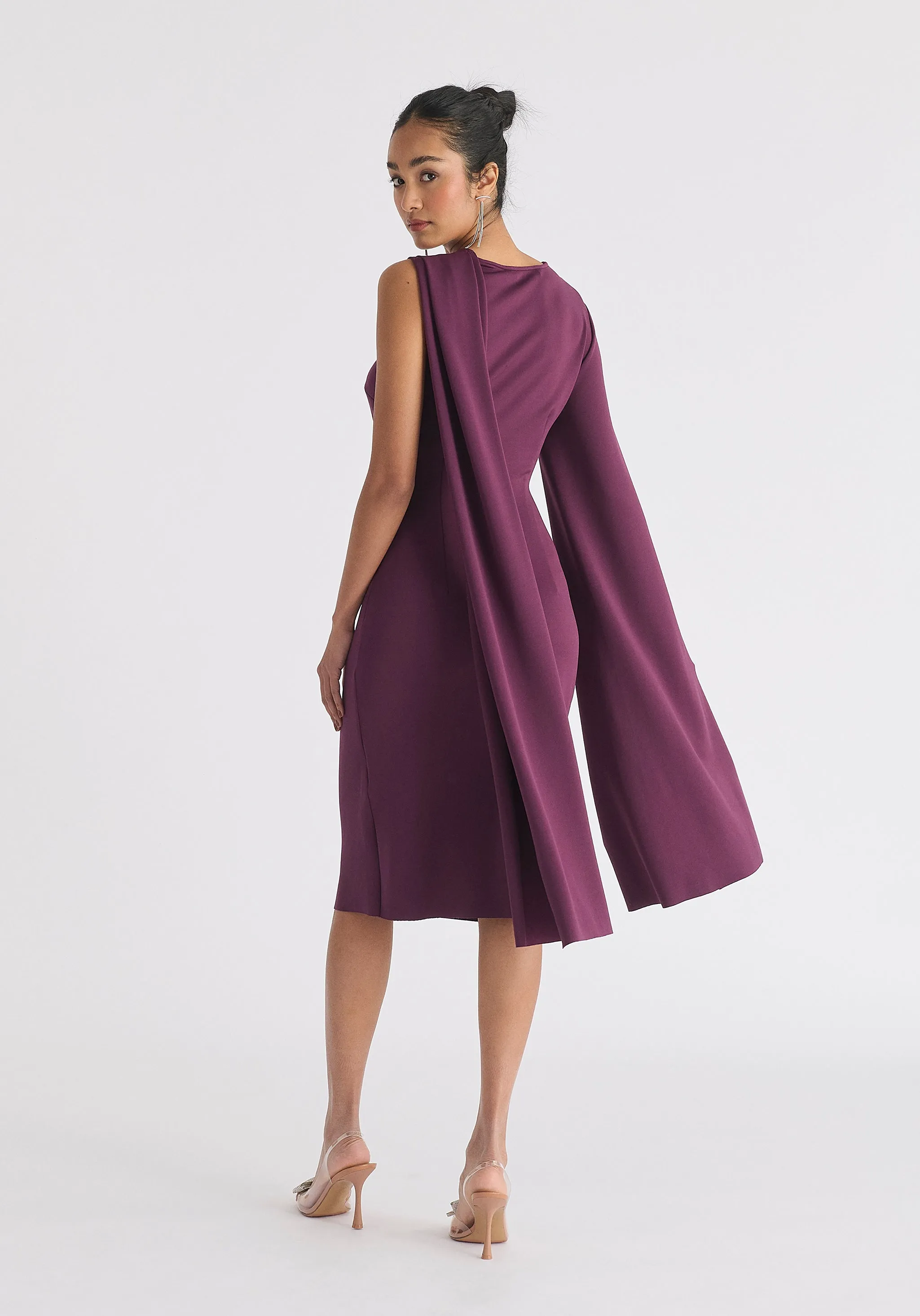 Asymmetric Draped Cape Sleeve Dress