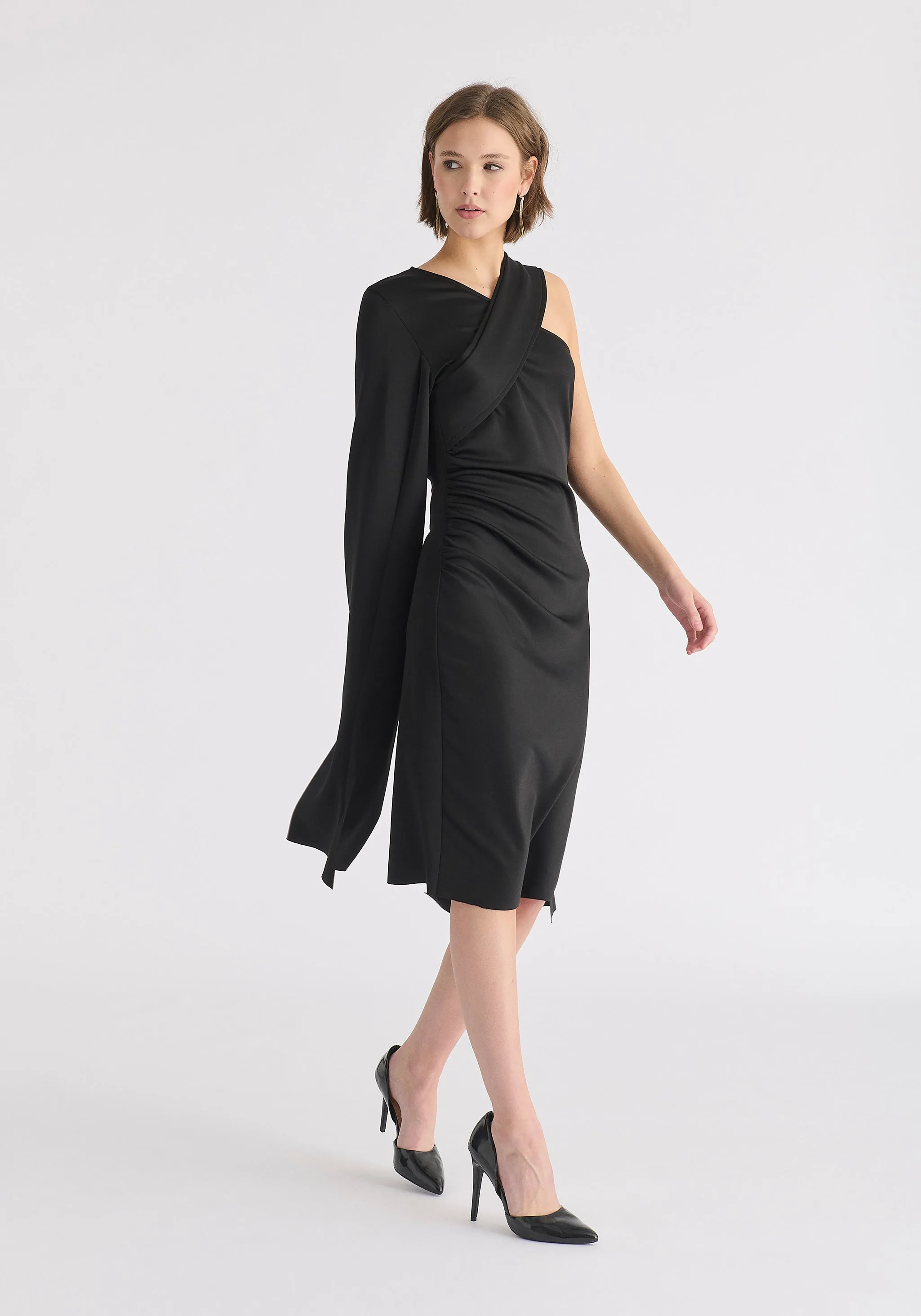 Asymmetric Draped Cape Sleeve Dress