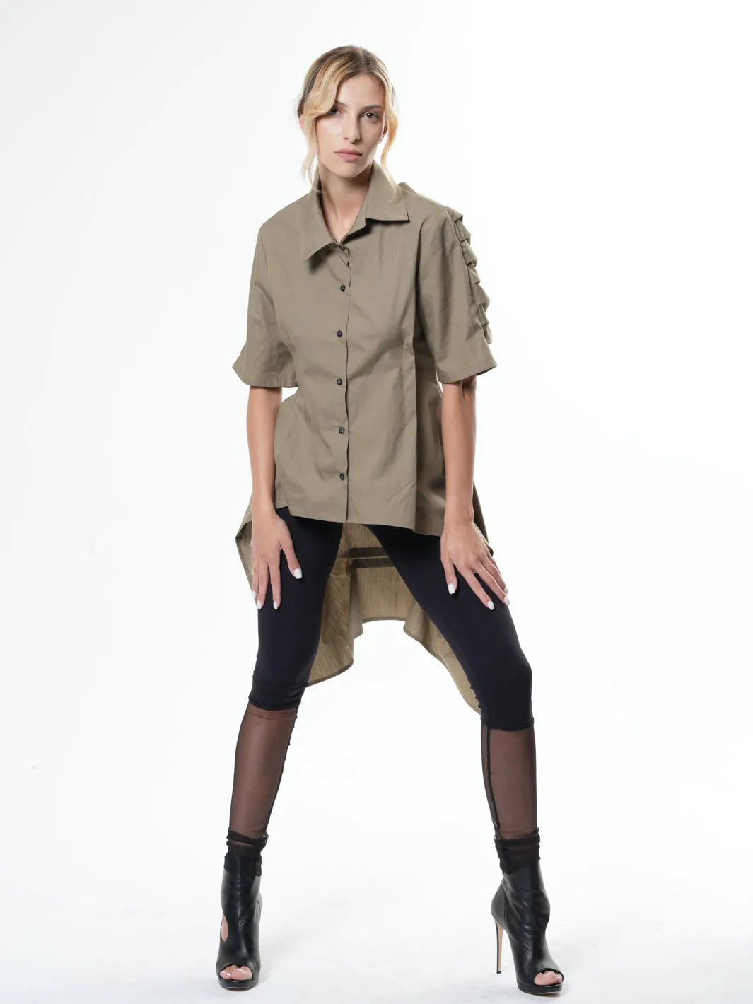 Asymmetric Shirt With Open Back In Khaki