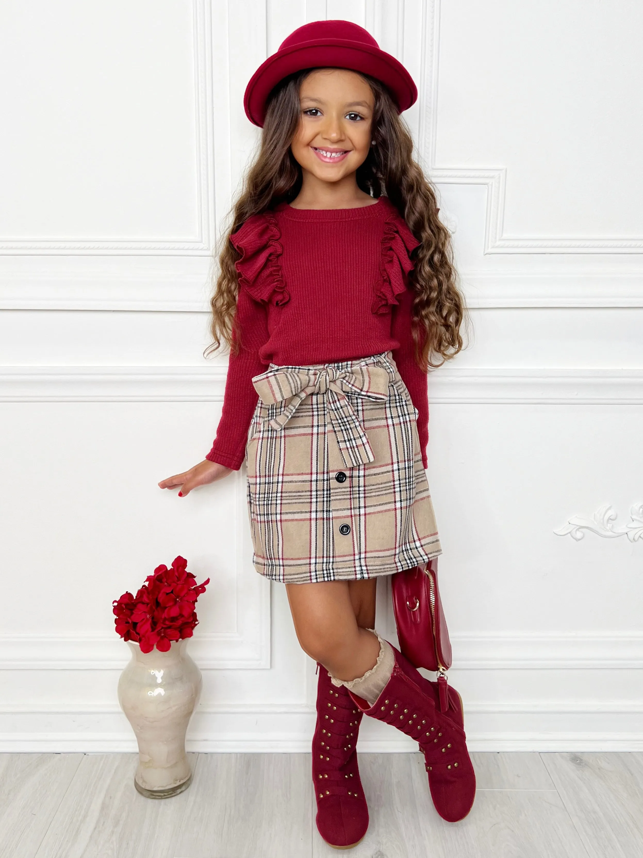 Autumn Chic Girls Ruffled Top and Brushed Fleece Skirt Set