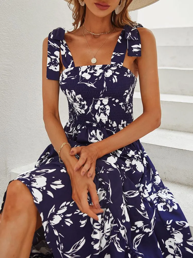 BerriesJam - 2024 Retro Cami Printed Navy Blue Maxi Dress