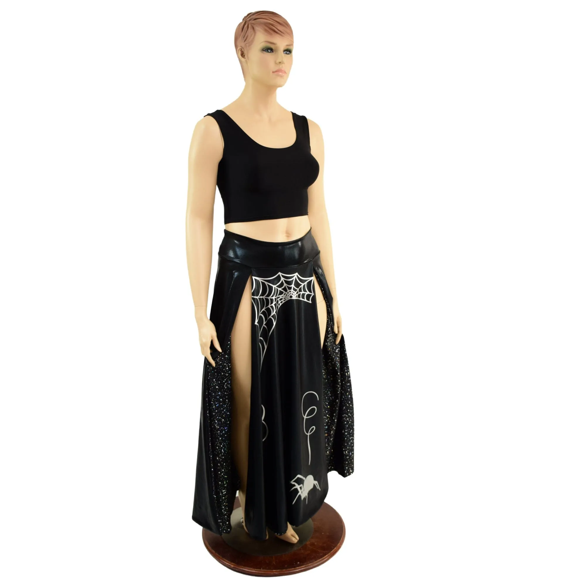 Black Mystique Double Split Skirt with Silver Spider and Star Noir Lining